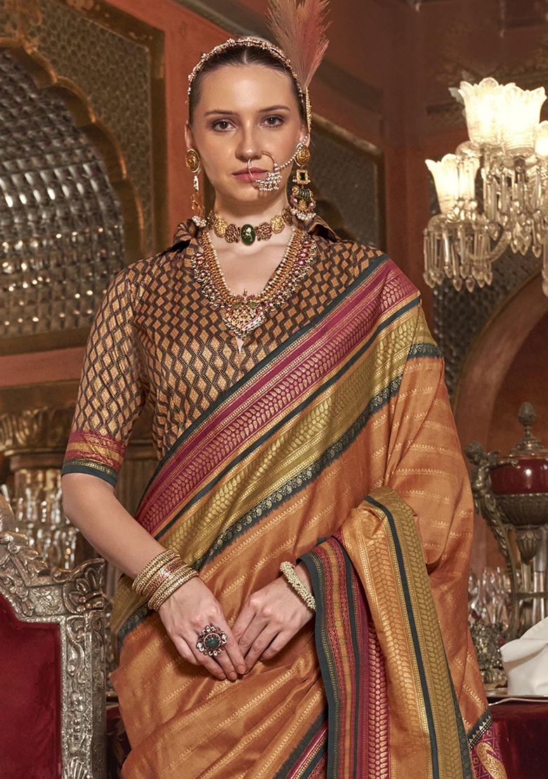 Orange Zari Weaving Silk Sarees