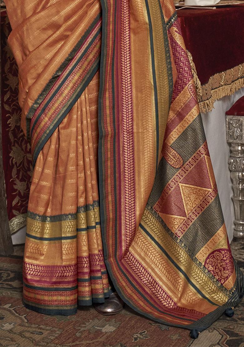 Orange Zari Weaving Silk Sarees