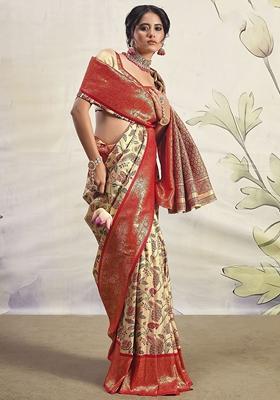 Cream Floral Print Silk Sarees