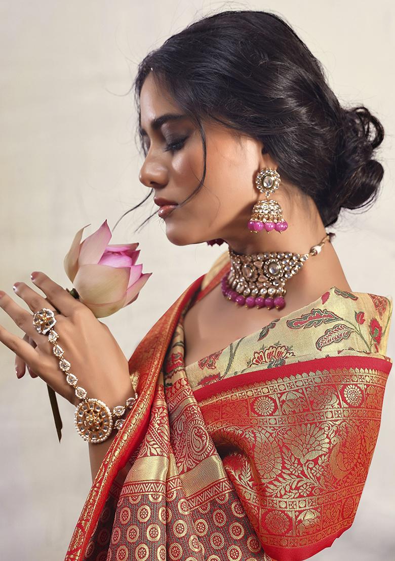 Cream Floral Print Silk Sarees