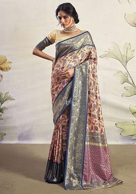 Navy Blue Floral Print Silk Sarees