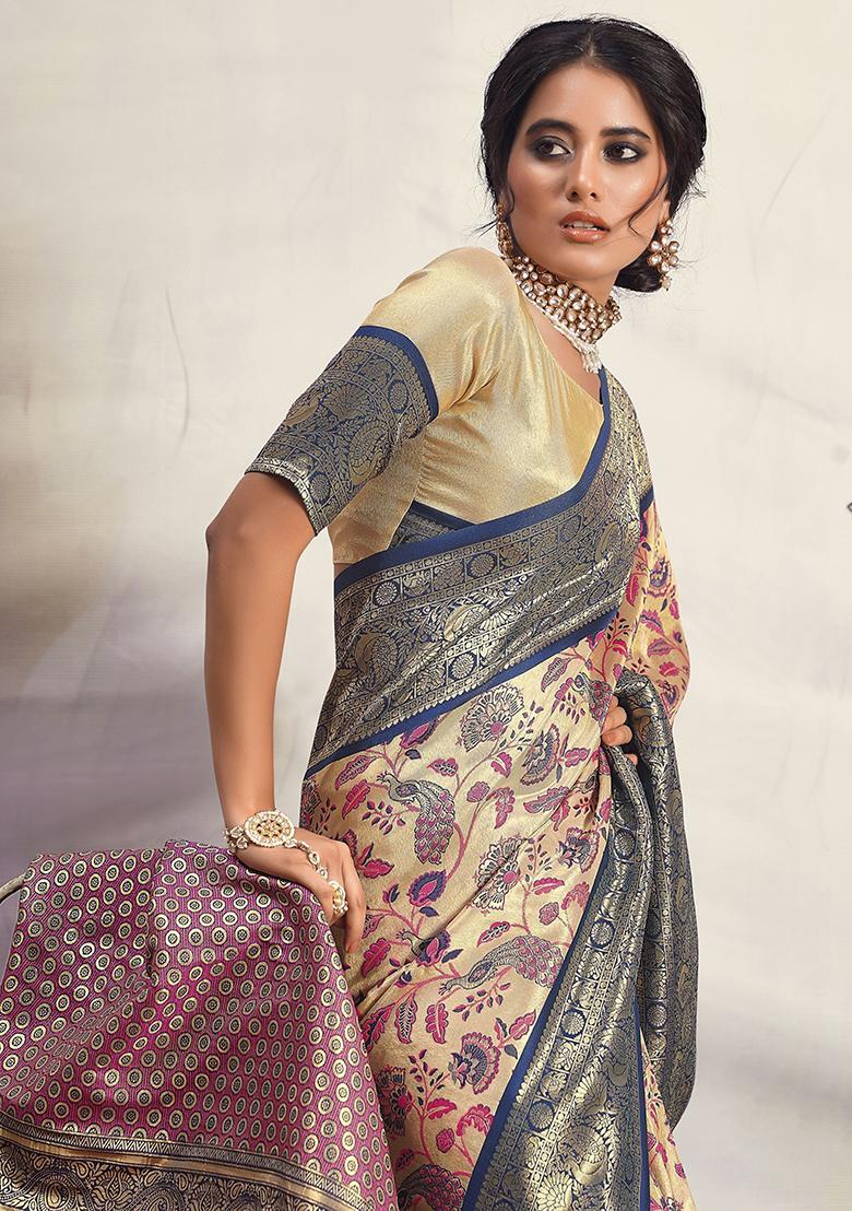 Navy Blue Floral Print Silk Sarees