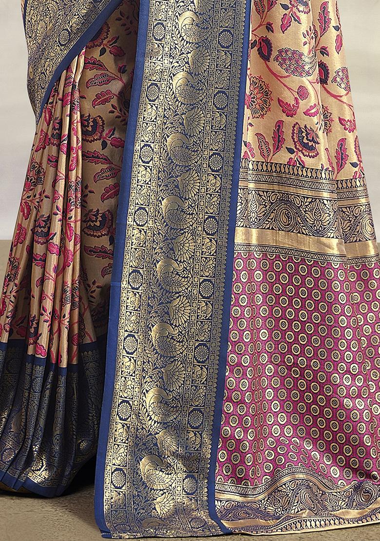 Navy Blue Floral Print Silk Sarees
