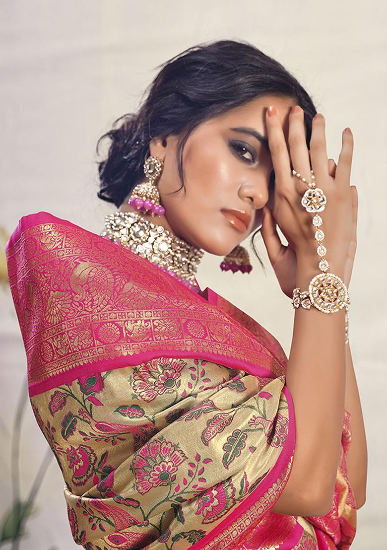 Pink Floral Print Silk Sarees