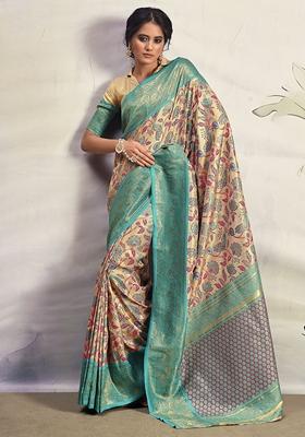 Blue Floral Print Silk Sarees