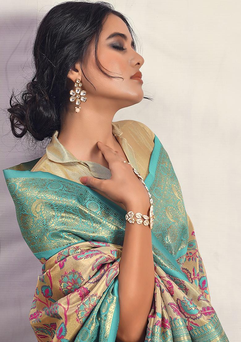 Blue Floral Print Silk Sarees