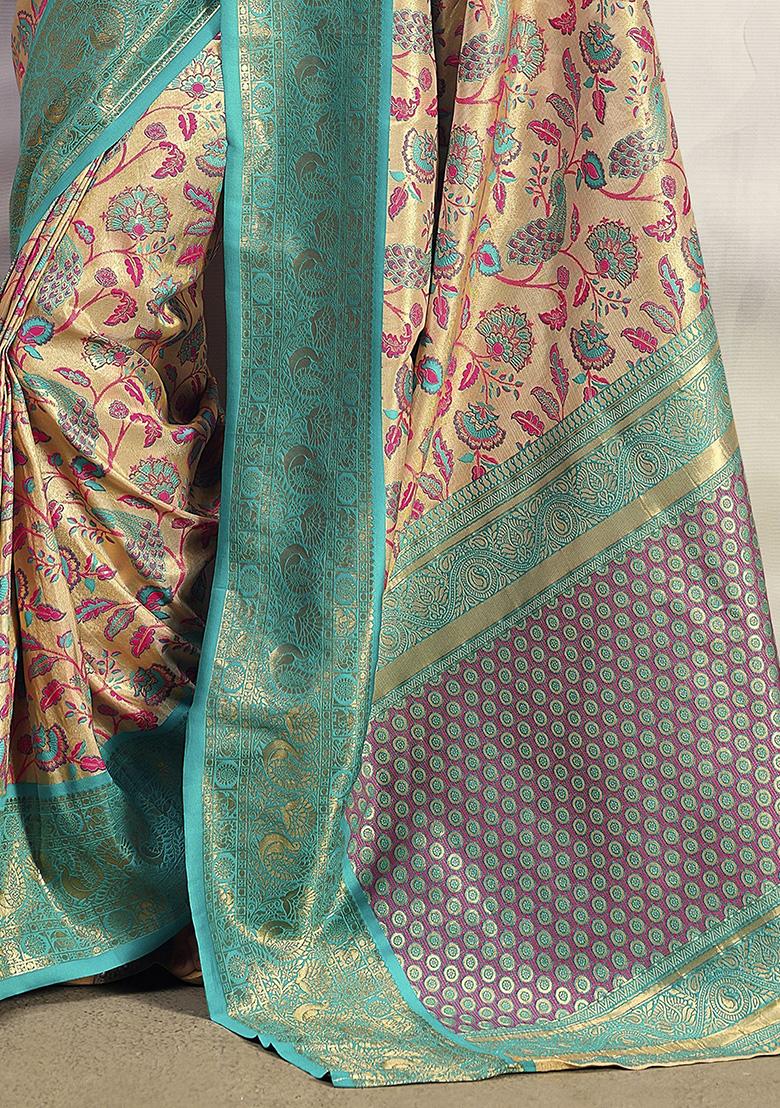 Blue Floral Print Silk Sarees