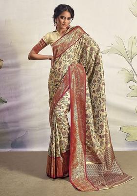 Maroon Floral Print Silk Sarees