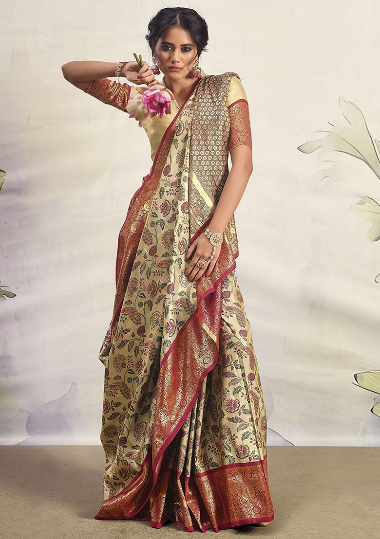 Maroon Floral Print Silk Sarees