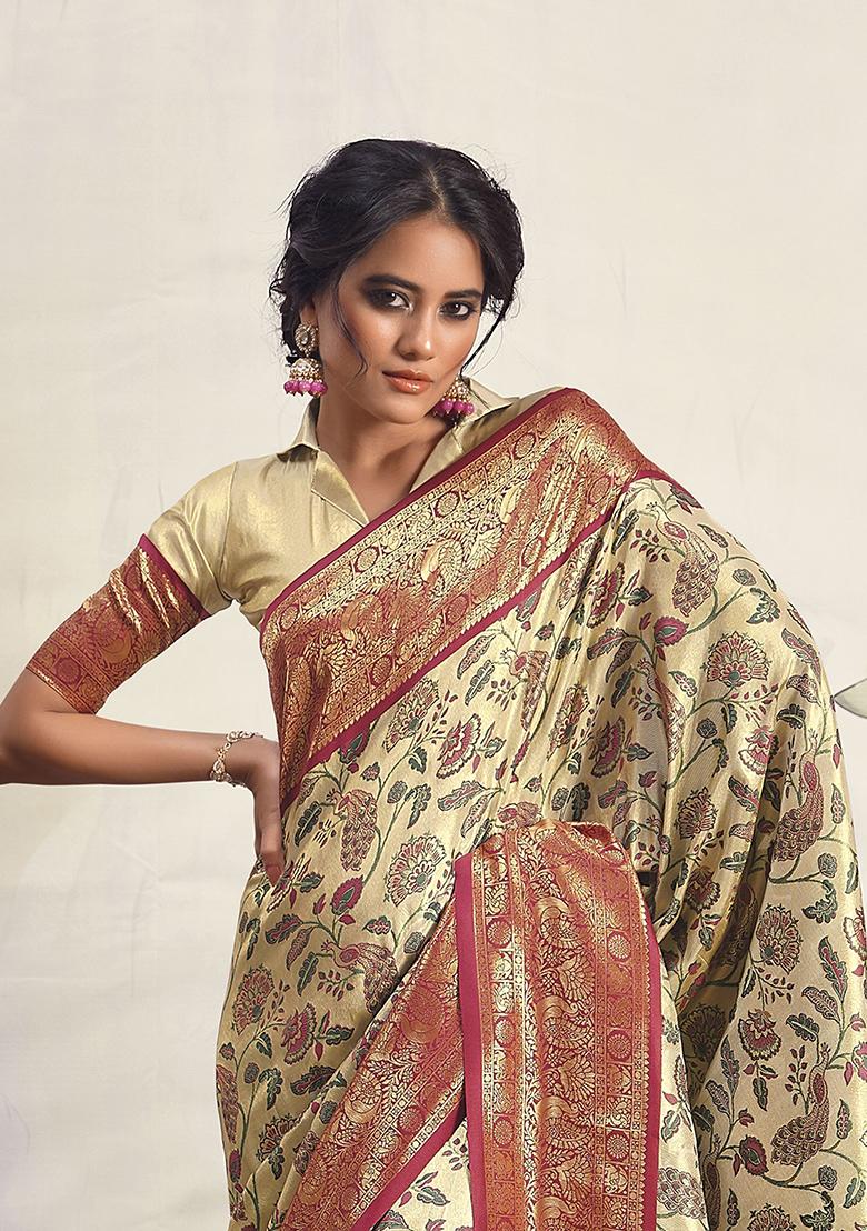 Maroon Floral Print Silk Sarees