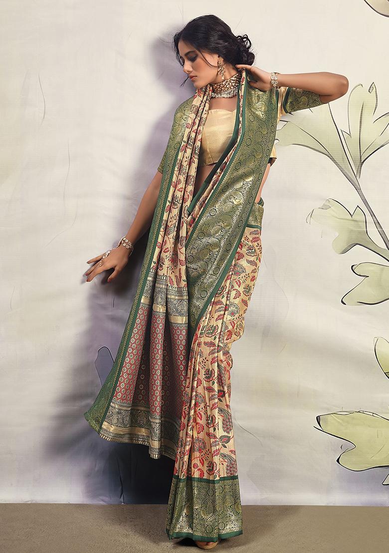 Green Floral Print Silk Sarees