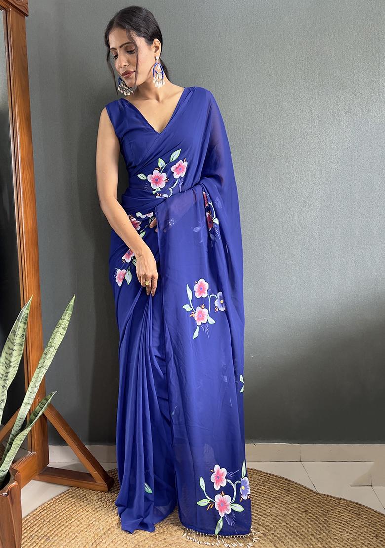 Blue Floral Print Georgette Sarees