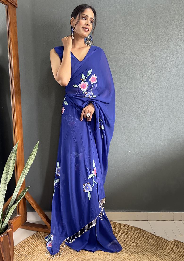 Blue Floral Print Georgette Sarees