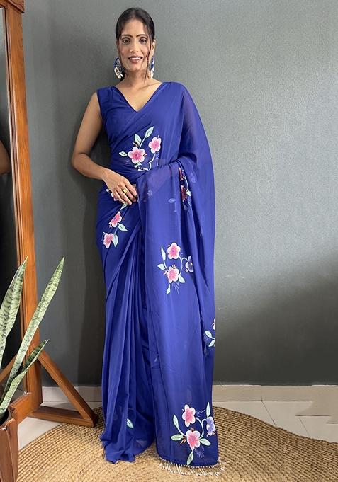 Blue Floral Print Georgette Sarees