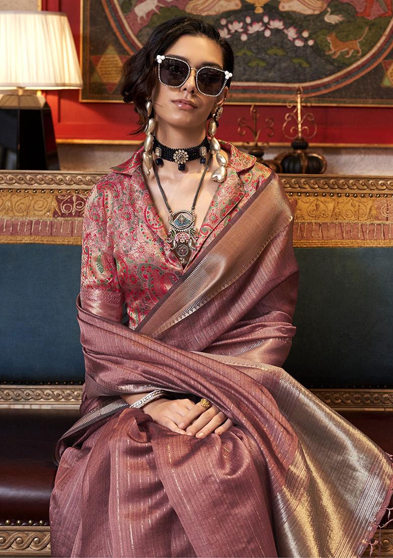 Pink Weaving Poly Blend Sarees