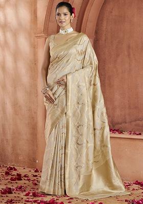 Cream Zari Weaving Banarasi Silk  Sarees