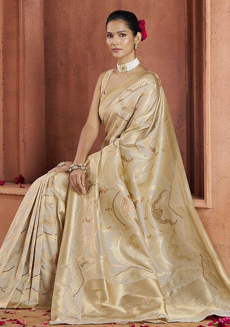 Cream Zari Weaving Banarasi Silk  Sarees