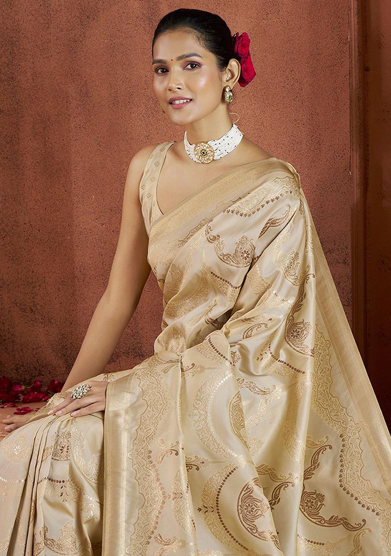 Cream Zari Weaving Banarasi Silk  Sarees
