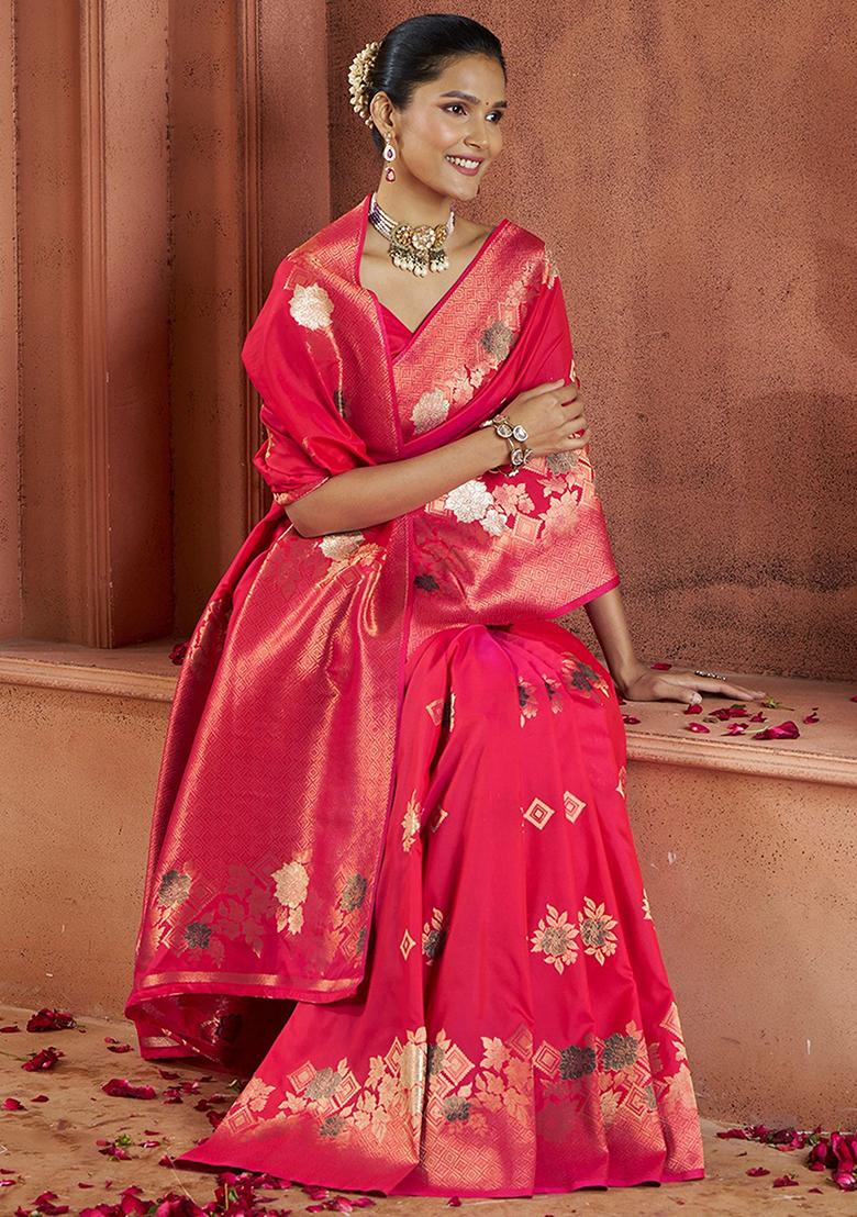 Pink Zari Weaving Banarasi Silk  Sarees