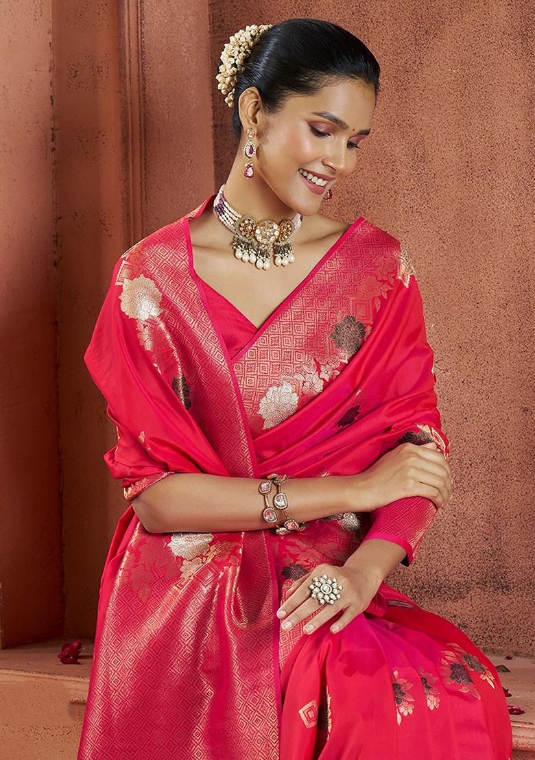 Pink Zari Weaving Banarasi Silk  Sarees