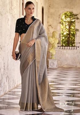 Grey Zari Weaving Tissue Silk Sarees