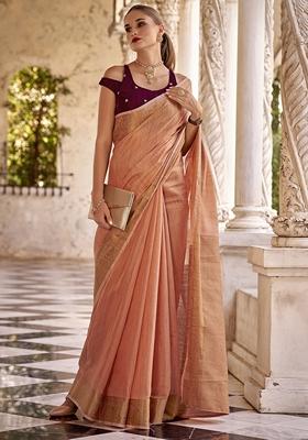 Peach Zari Weaving Tissue Silk Sarees