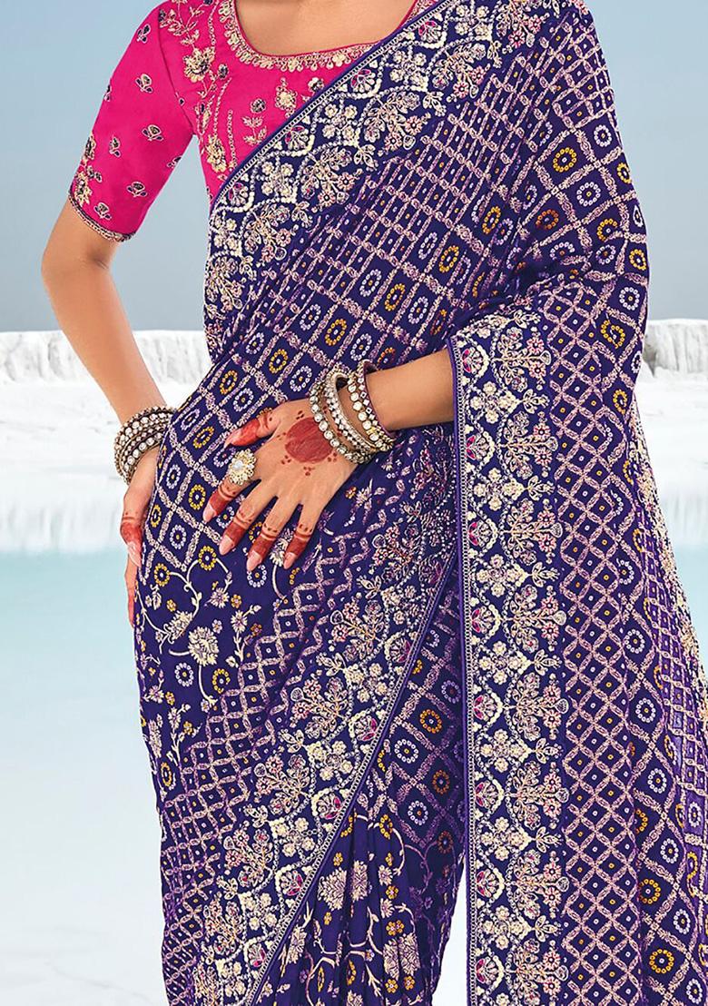 Blue Bandhani Print Georgette Sarees