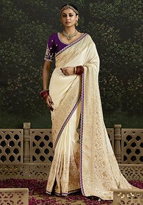 Cream Zari Weaving Silk Sarees