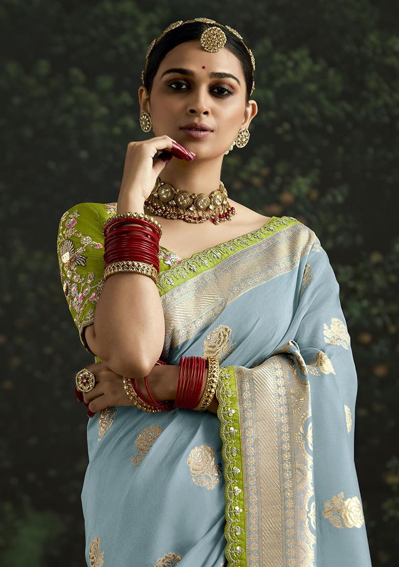 Sky Blue Zari Weaving Silk Sarees