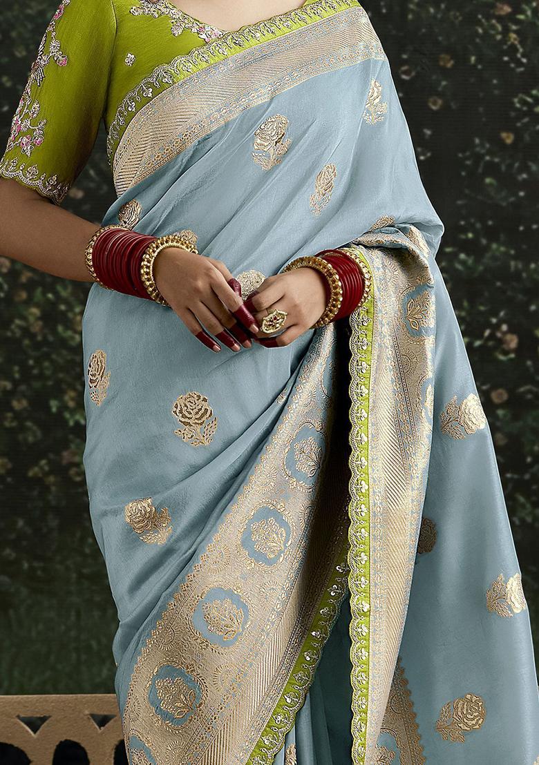 Sky Blue Zari Weaving Silk Sarees