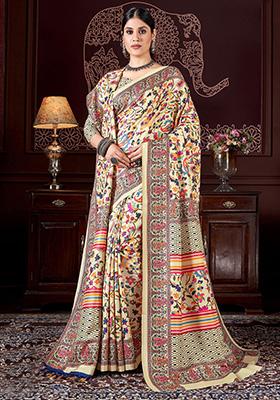 Cream Printed Pashmina Sarees