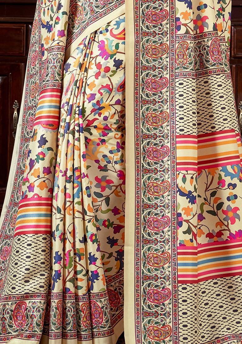 Cream Printed Pashmina Sarees
