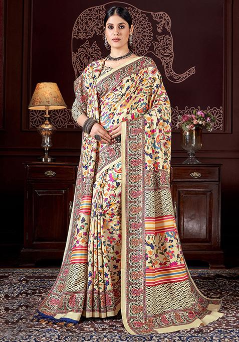 Cream Printed Pashmina Sarees