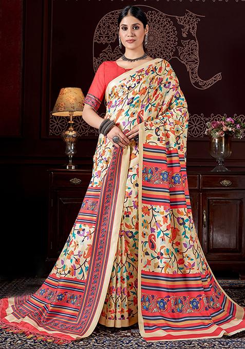 Beige Printed Pashmina Sarees