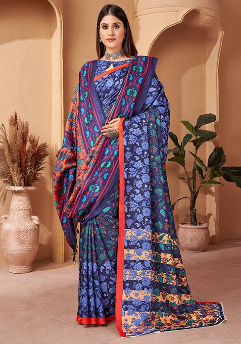 Navy Blue Printed Pashmina Sarees