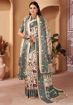 Off White Floral Print Pashmina Sarees