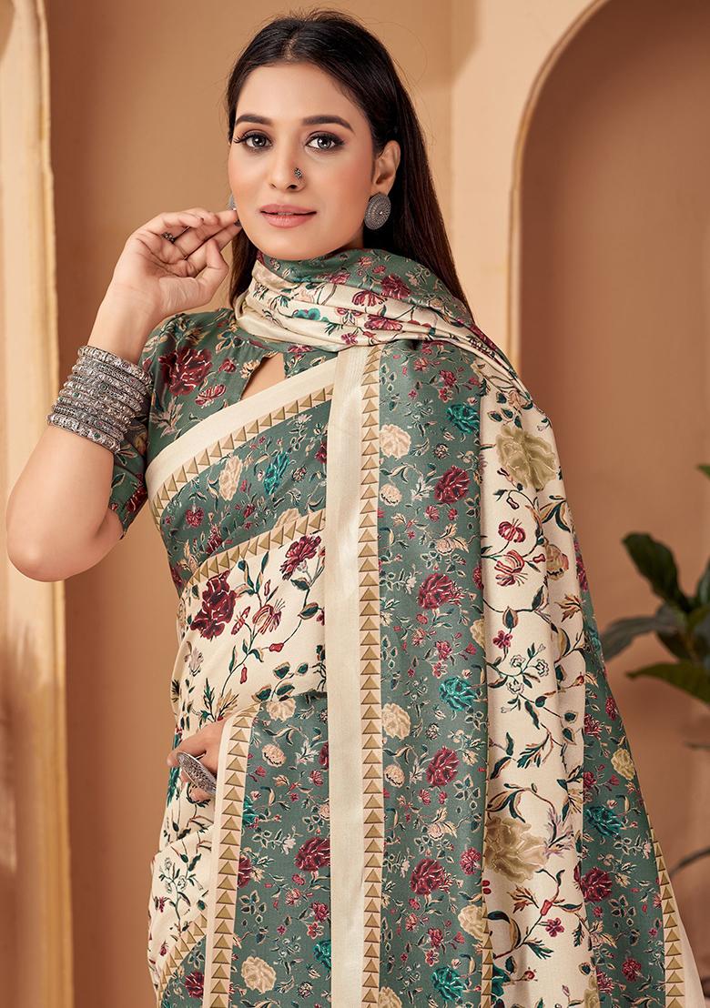 Off White Floral Print Pashmina Sarees