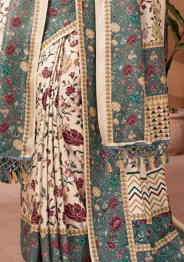 Off White Floral Print Pashmina Sarees