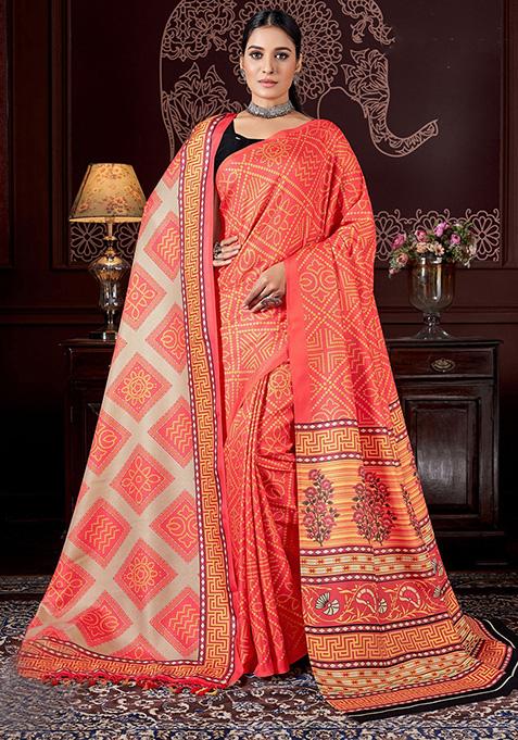 Orange Printed Pashmina Sarees