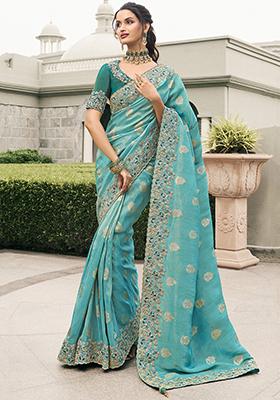 Sky Blue Embroidered Silk Sarees