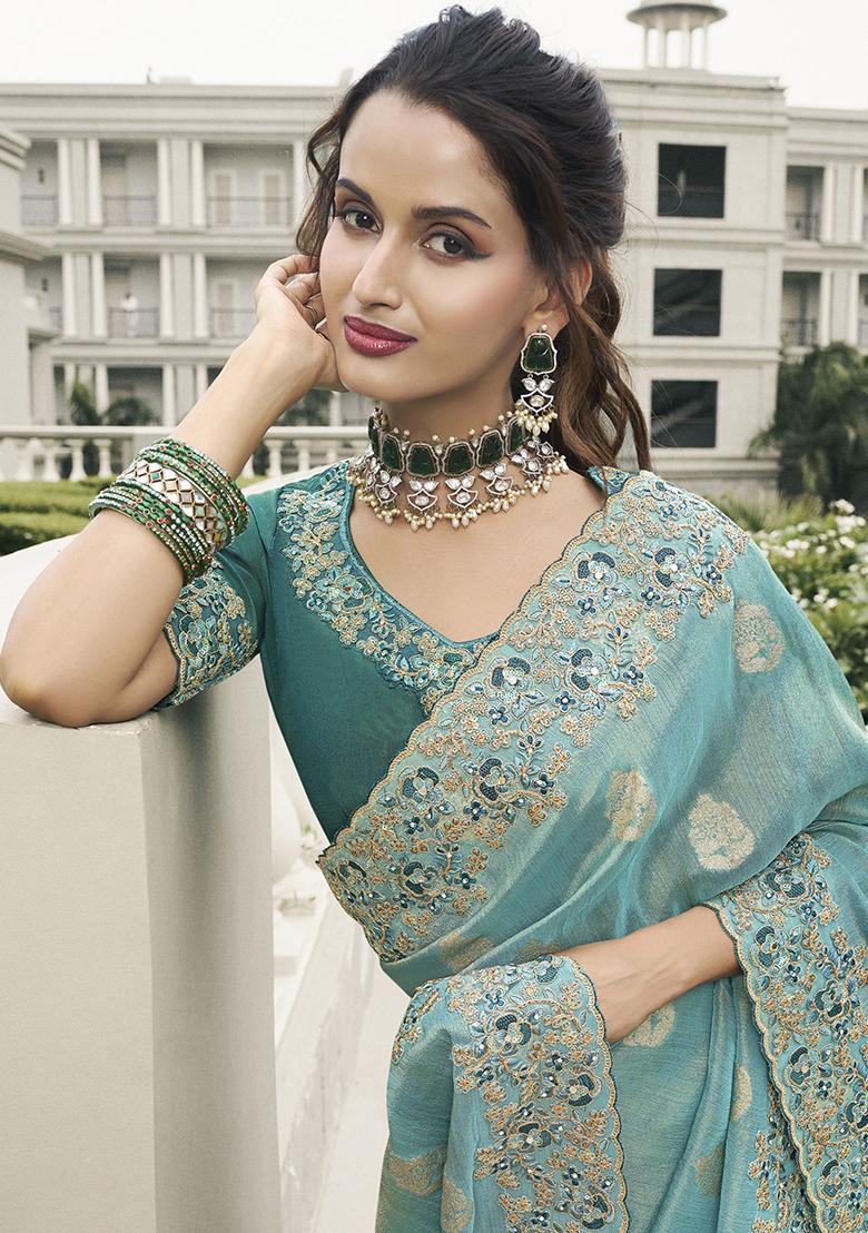 Sky Blue Embroidered Silk Sarees