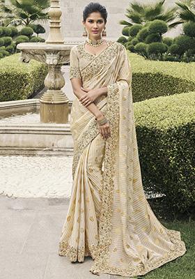 Beige Zari Weaving Silk Sarees