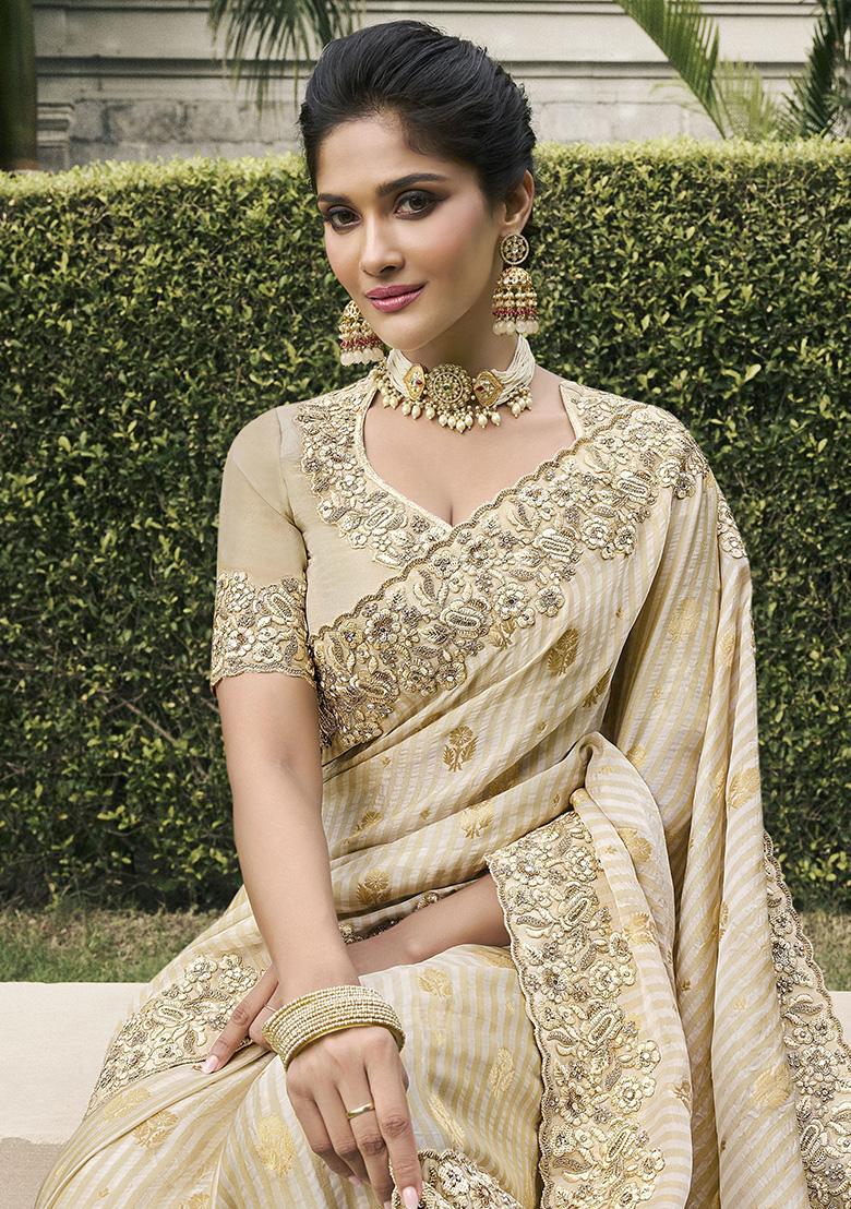 Beige Zari Weaving Silk Sarees