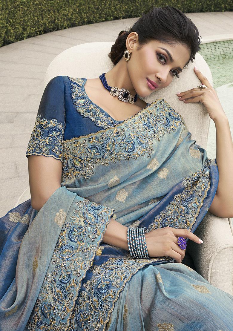 Blue Embroidered Tissue Silk Sarees