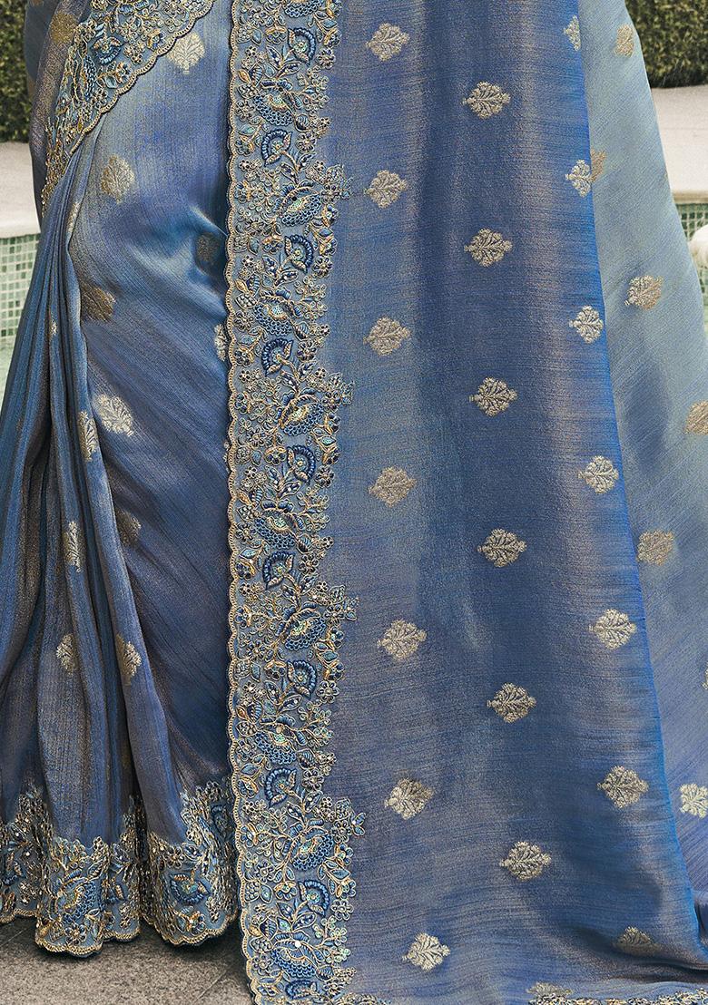 Blue Embroidered Tissue Silk Sarees