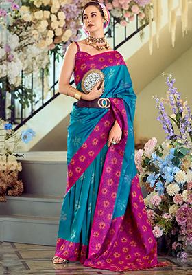 Blue Floral Print Silk Sarees
