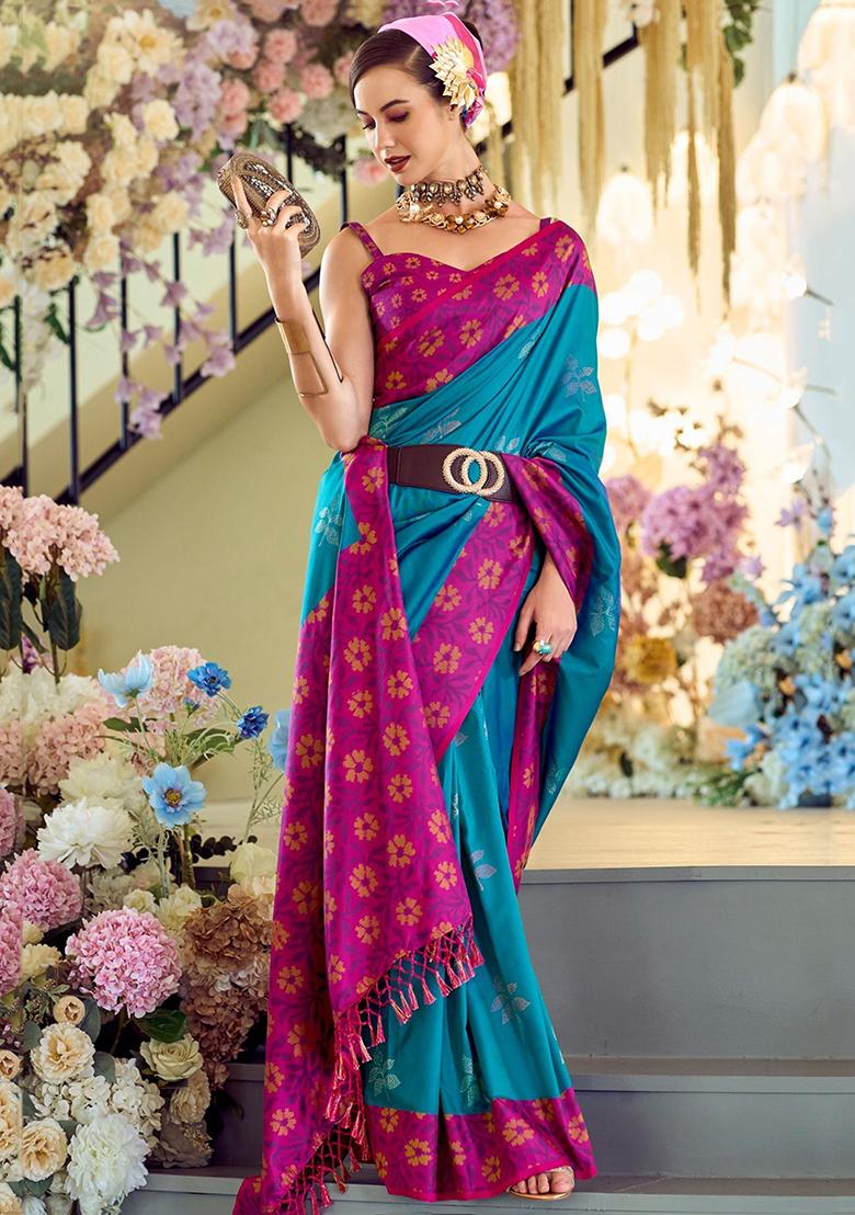 Blue Floral Print Silk Sarees