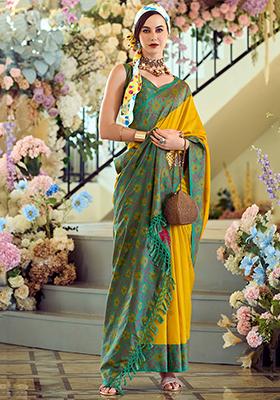 Yellow Floral Print Silk Sarees