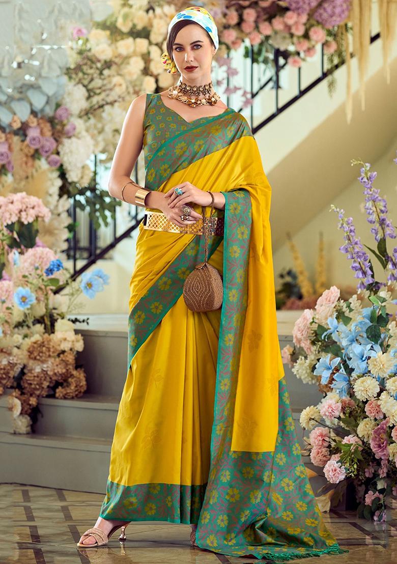 Yellow Floral Print Silk Sarees