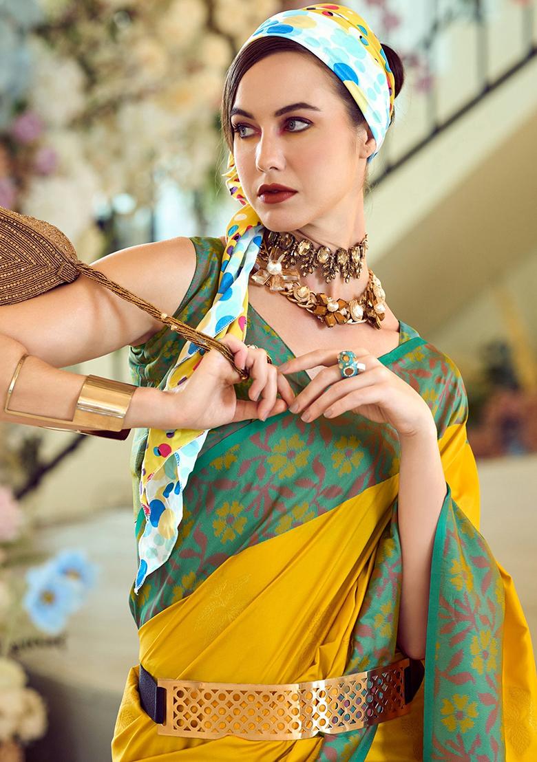 Yellow Floral Print Silk Sarees